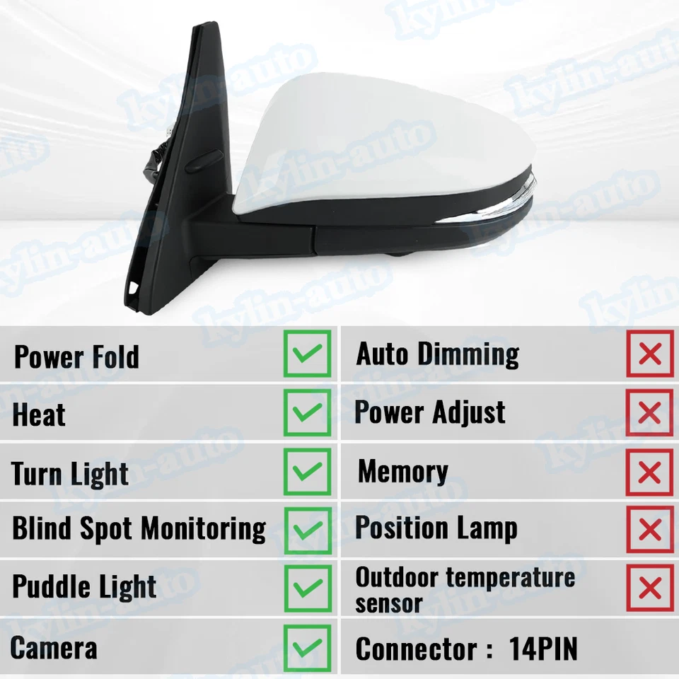 Левое жемчужно-белое зеркало с камерой слепое пятно 14 контактов для Toyota 4Runner 2014-23 - Изображение 2 из 4