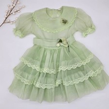 Vintage Mint Green Organza Girls Dress Size 5 -Lace Trim Ruffle Tiered 1960s