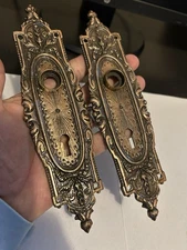 Pair (2) Antique Russell & Erwin Arabian Plated Cast Iron 7858 Door Back Plates