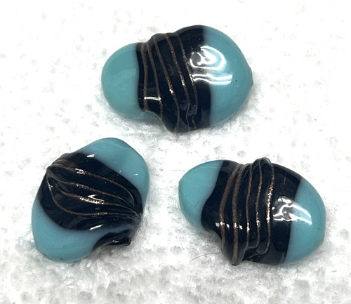 3 Vintage Art Glass Beads Black & Gold w Turquoise Wavy Shaped 7/8 L x 5/8 w