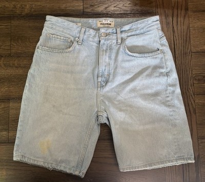 Pull&Bear Relaxed Fit Light Blue Denim Shorts Men Raw Hem Pockets Casual