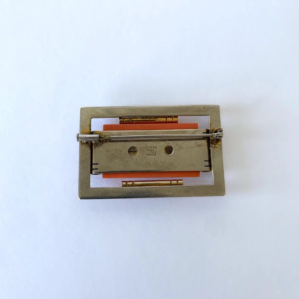 Broche Art Déco De Jakob Bengel, Metal Cromado Y Galalita Naranja - Años 30 - Imagen 3 de 4