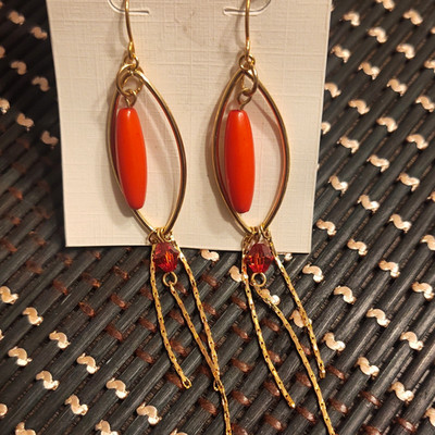 Gold Tone Orange Oval Dangle Drop Hook Earrings Metal Lobe Earrings