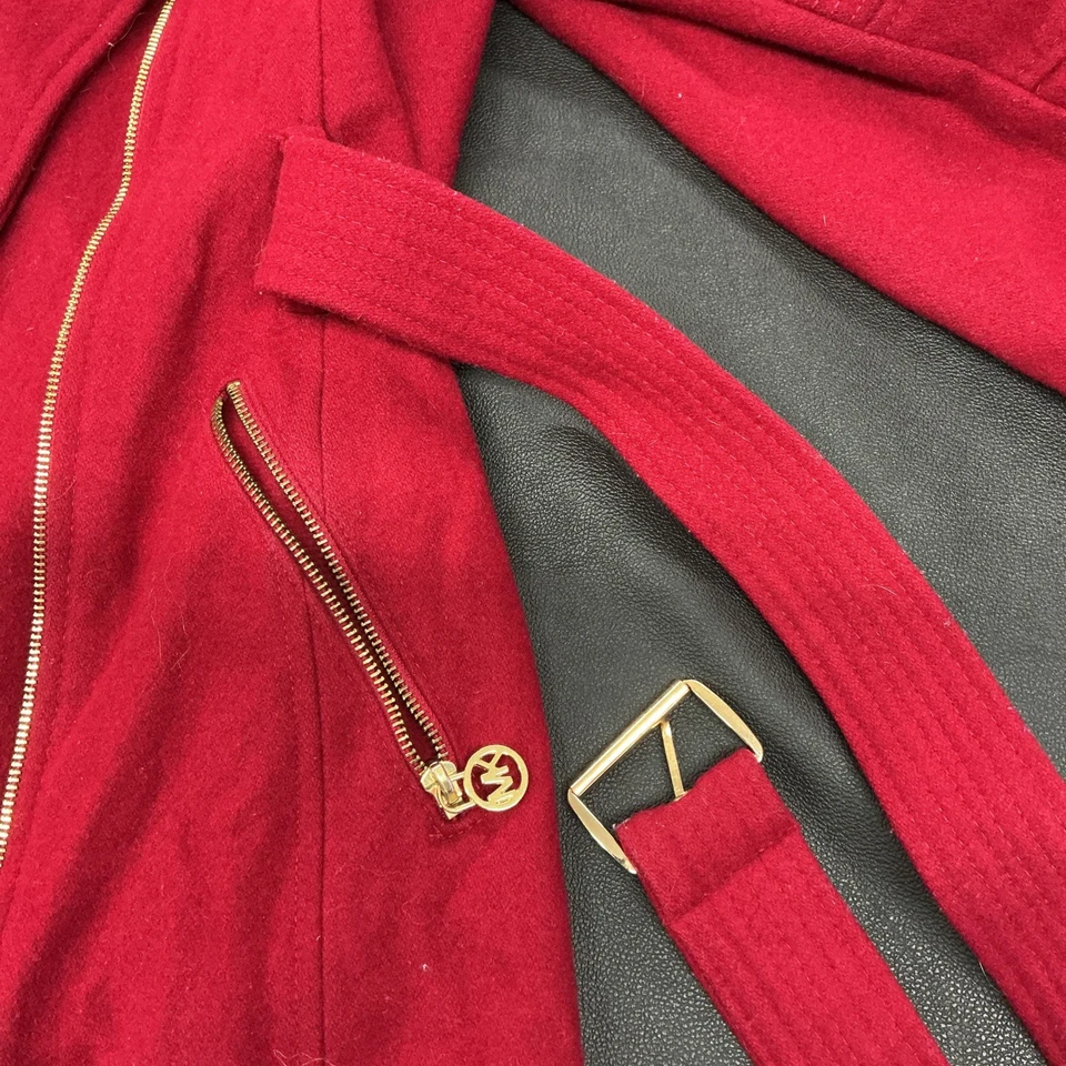 Michael Kors Trench Coat Womens M Red Fleece Belt Waist Notch Lapel Clipside Zip - Image 3 of 4