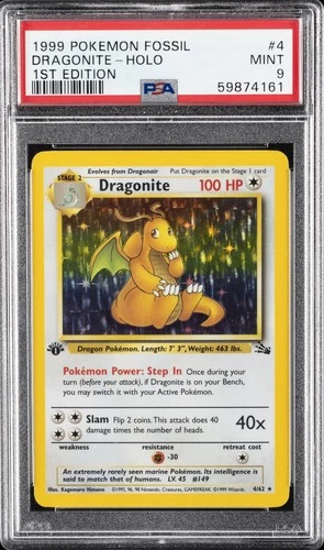 1999 POKEMON FOSSIL 1ST EDITION #4 DRAGONITE-HOLO PSA 9