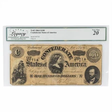 1864 T65 Confederate States of America Note $100 Legacy VF 20