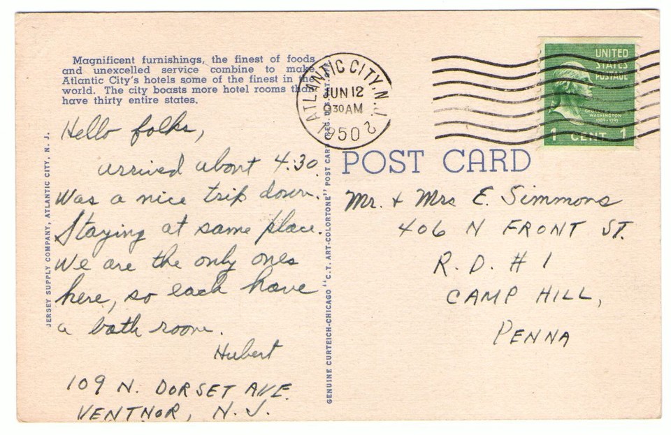 1950 Postmarked Postcard Ambassador Hotel Atlantic City New Jersey NJ ...