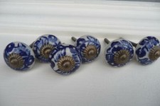 Vintage Antique Drawer Pulls Handles Cobalt Flower Floral Cabinets Knob