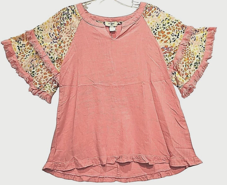 Blusa Umgee Mujer Pequeña Manga Corta Rosa Deshilachada Volantes Guepardo Top Boho Nueva