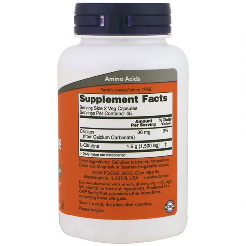 Now Foods L-Citrulline 750 mg 90 Veg Capsules, Supports Protein Metabolism - Picture 2 of 2