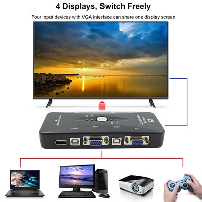 KVM Switch Box 2//4 Port USB 2.0 Plus VGA USB Cables For Computer Sharing Monitor