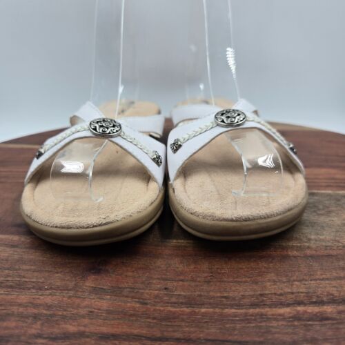 Minnetonka Sandals Women 8 White Tan Leather Comfort Wedge Slip On Slide Jeweled - Picture 2 of 12