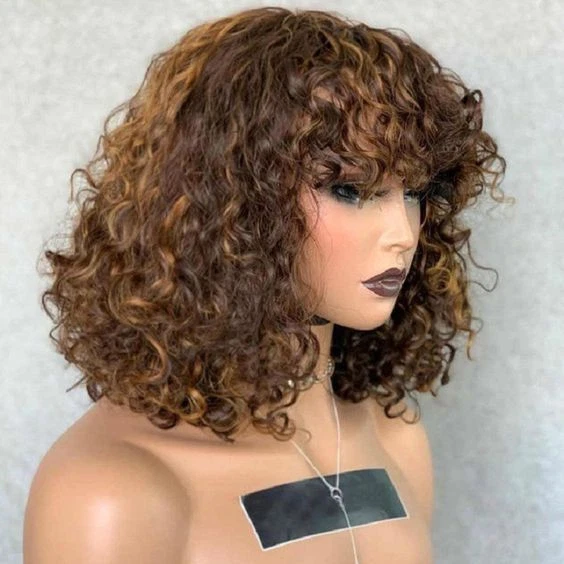 Short Bob Curly Deep Wave Human Hair Wig Highlight Brown Wig With Bangs No Lace - Image 2 of 4