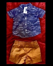 Carter's Boy's 2pc Button Up Dinosaur Shirt/Short Gift Set 100 Cotton 6 Months