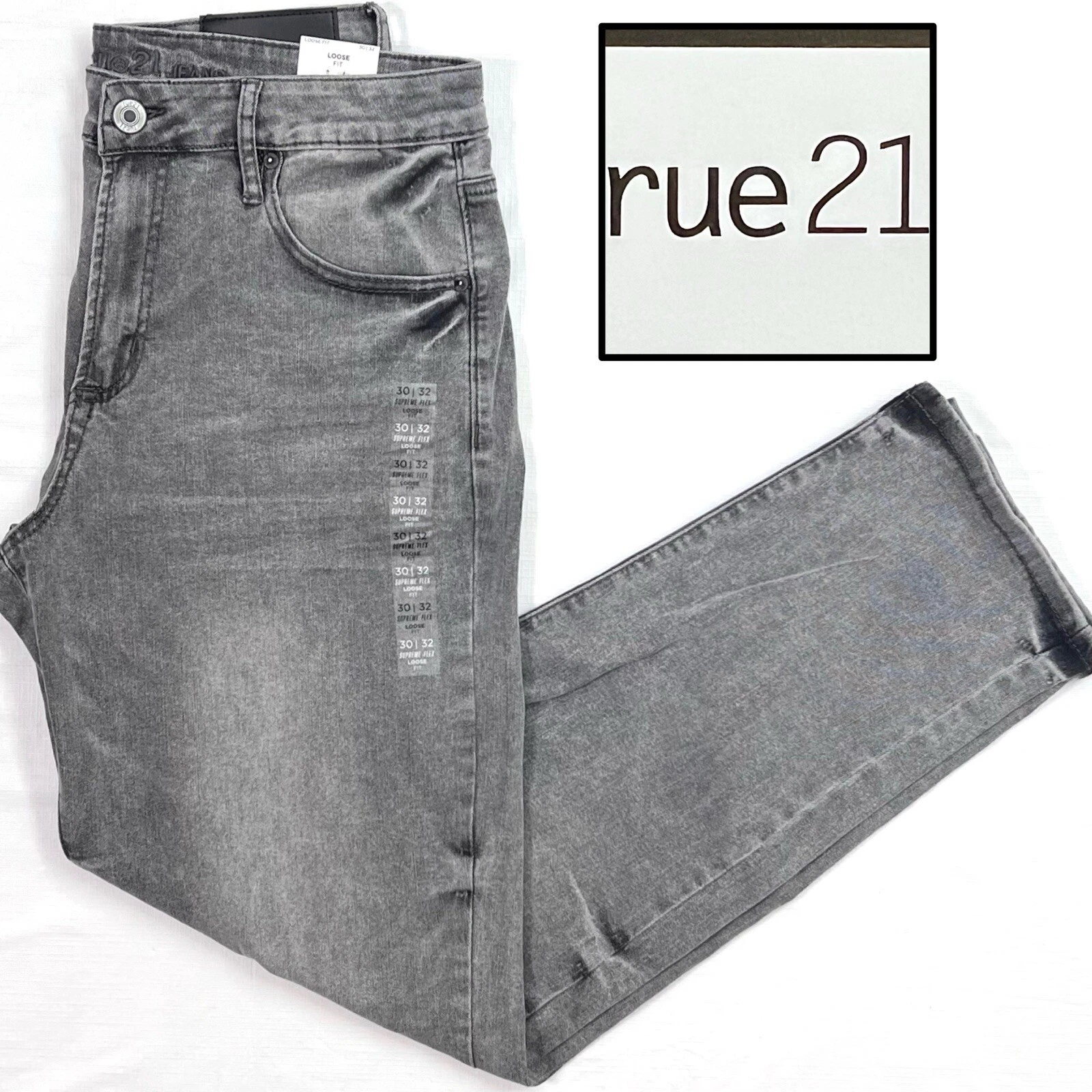 Taille 30x32 neuf avec étiquette RUE21 homme Supreme Flex, coupe ample, jean gris, pantalon