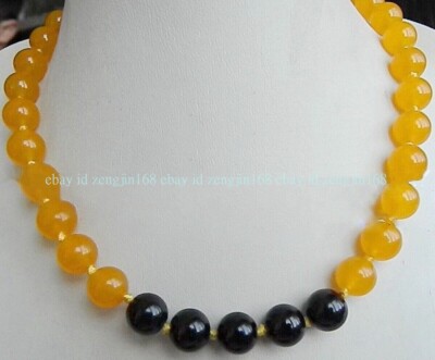 Natural Charming 8mm Yellow Jade & Black Agate Round Beads Gemstone Necklace 18''