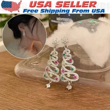 Women's 925 Silver Crystal Christmas Tree Earrings Drop Dangle Jewelry Xmas 2025