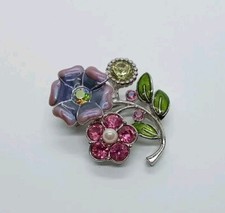 Flower AB Crystal Rhinestone Enamel Pearl Silver Tone Brooch Pin 186