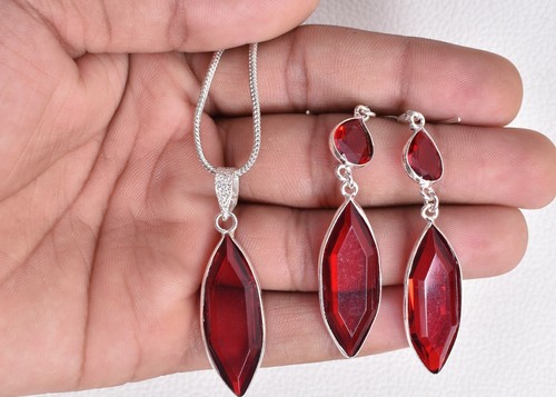 Sterling Silver Ruby Quartz Gemstone Handmade Pendant Earrings Wedding's Gift - Picture 5 of 9