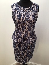 OASIS NAVY BLUE NUDE LACE OVERLAY LOOK PEPLUM LINED DRESS SIZE 12 NEW