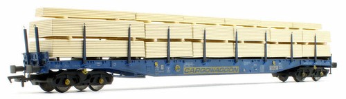 Vagón de carga Heljan 5114 calibre OO IGA Bogie plano azul con carga de madera desgastado | Zustand: New