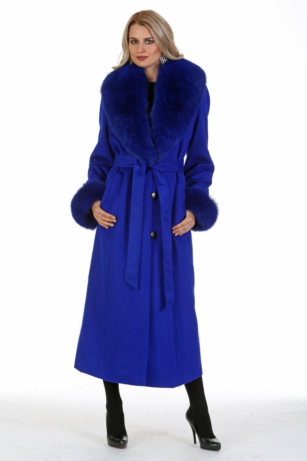 Womens Real Fox Fur Trimmed Long Cashmere Coat Royal Blue