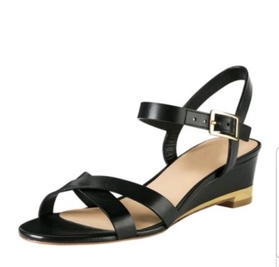black sandals with gold trim