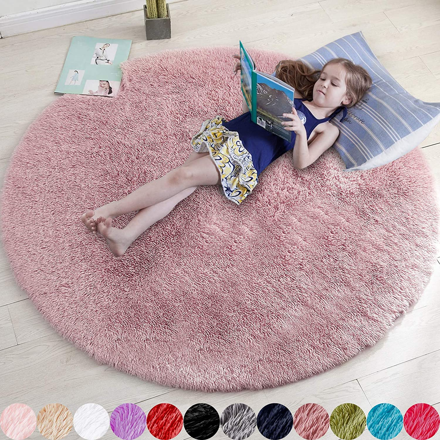 Fluffy Pink Round 4Ft Fuzzy Rug for Bedroom or Kids Room-image