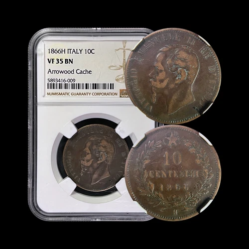 ITALY. 1866, 10 Centesimi, H - NGC VF35 - VEII, Laurel, Birmingham, Heaton