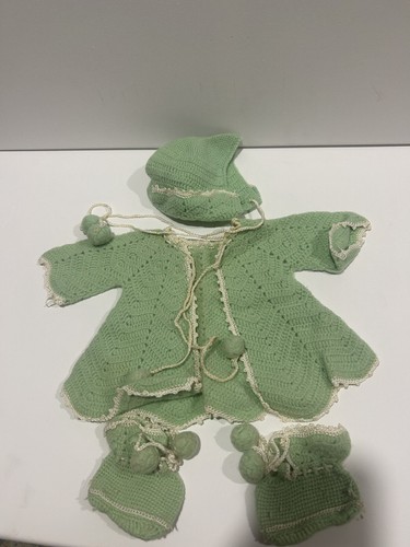 Vintage 1950’s Crochet Baby Cardigan, Booties, Bonnet Hand knitted Green - Picture 3 of 15