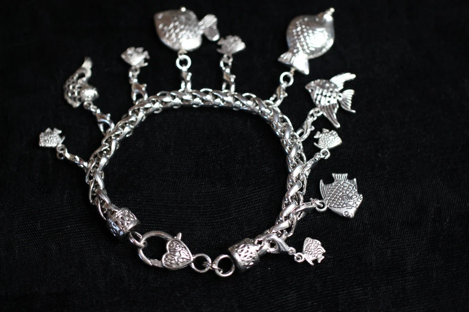 Pulsera Temática Pez Dijes Plata Peltre 8" Intercambiable Pesca Regalo Foto 3 de 4