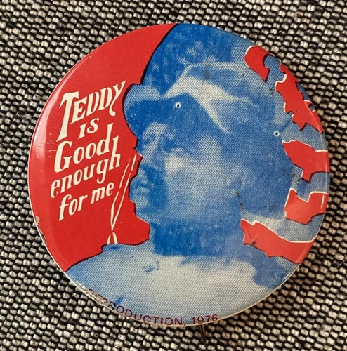 Vintage 1976 “TEDDY IS GOOD ENOUGH FOR ME" Pin/Button, Teddy Roosevelt