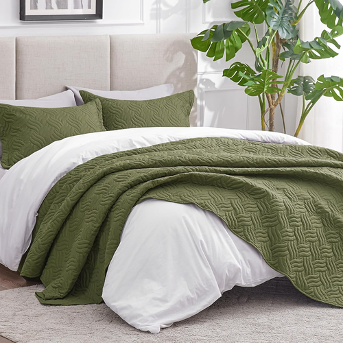 King Size Quilt Bedding Set Olive Green Bedspreads - Bed Summer Quilt Lightweigh - Picture 2 of 7