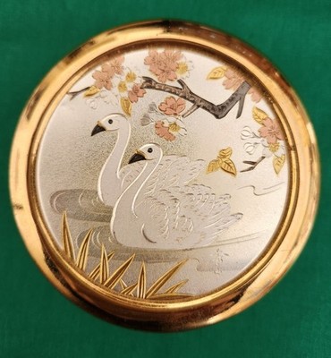 Chokin bowl with lid; two swans; Japan; 24KT gold edge