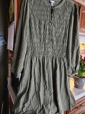 Women's AVA VIV Olive Striped Long Sleeve Dress Size 3X Rouching Front 2 Pockets