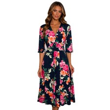Vince Camuto Fit & Flare Midi Dress Size 12 Navy Floral Wedding Guest Races