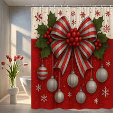 Christmas Shower Curtain with Red Bow and Snowflakes