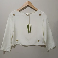 LILYSILK Shirt Womens 2 Ivory Mulberry Silk Gold Button Crop Top Blouse