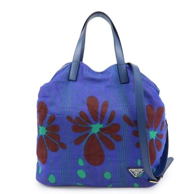 PRADA Triangle Logo Linen Leather 2Way Bag Flower Motif Blue BR4696 Used F/S