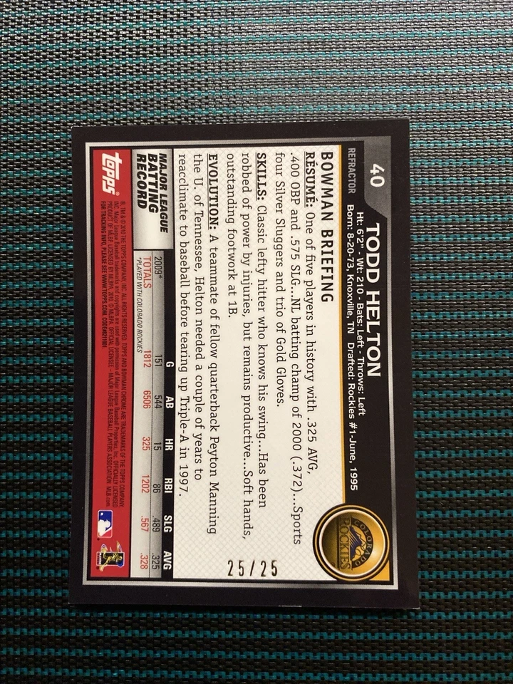 2012 Bowman Chrome Todd Helton Orange Refractor #40 /25 Rockies SP - Image 2 of 3