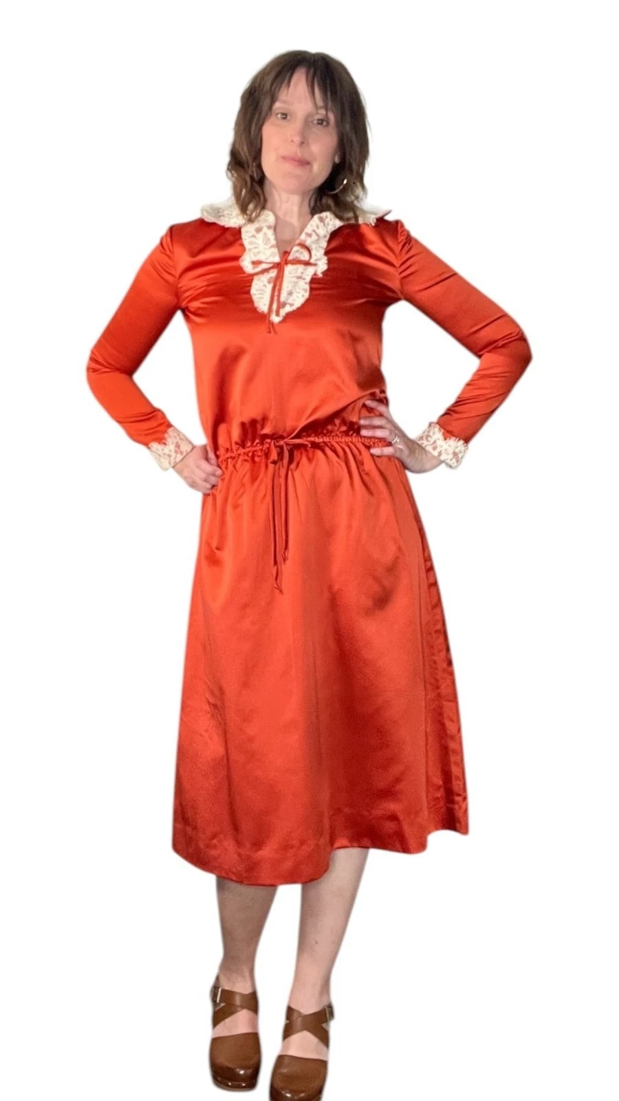Vintage 1970s Satin Midi Dress OOAK Handmade Orange Lace Collar and cuffs medium