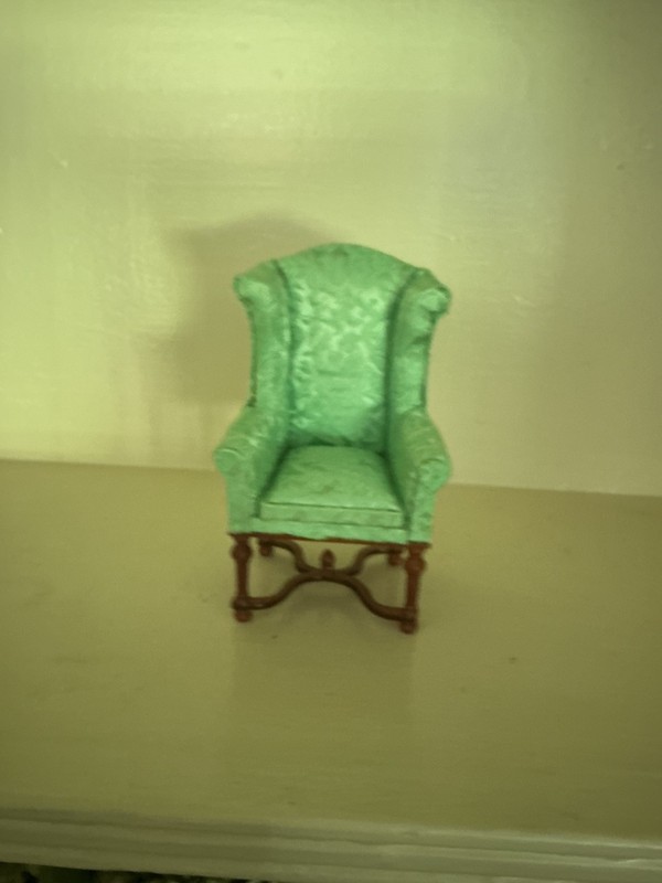 Bespaq, maybe Hansson, pale green fabric wing chairs with walnut fancy legs