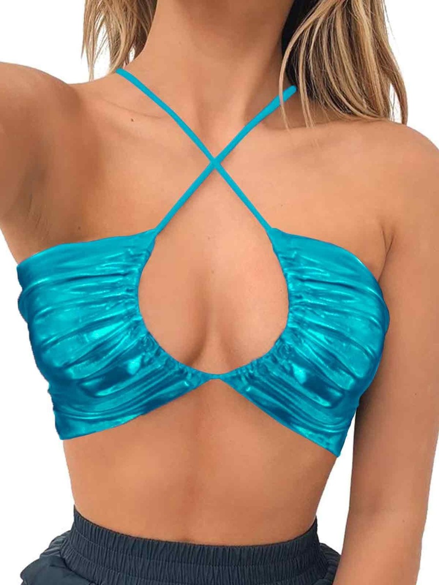 Women's Metallic Crop Rave Outfits Festival Clothing Halter Tie