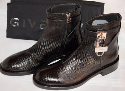 Givenchy Black Lizard Padlock Leather Size 38 / US 8 Ankle Boots ~ NEW