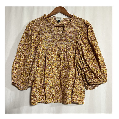 Universal Thread Women's Floral Smocked Peasant Blouse Ruffle Yellow Brown S