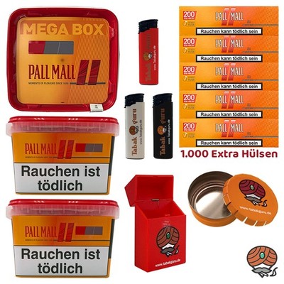 Pall Mall Mega Box Tabak 3x 145g, Allround Hülsen, Feuerz, Box, Aschenbecher