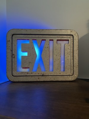 Vintage 1960s Industrial Exit Sign Blue Light