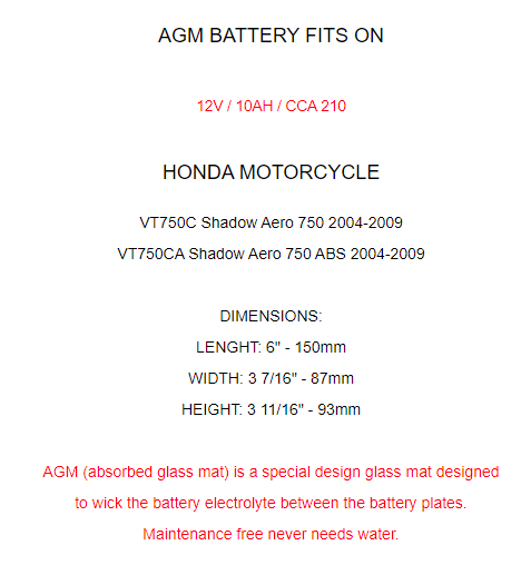 Caltric AGM Motorcycle Battery For Honda VT750C Shadow Aero 750 (2011-2022) - 12V, 11.2AH, 160 CCA