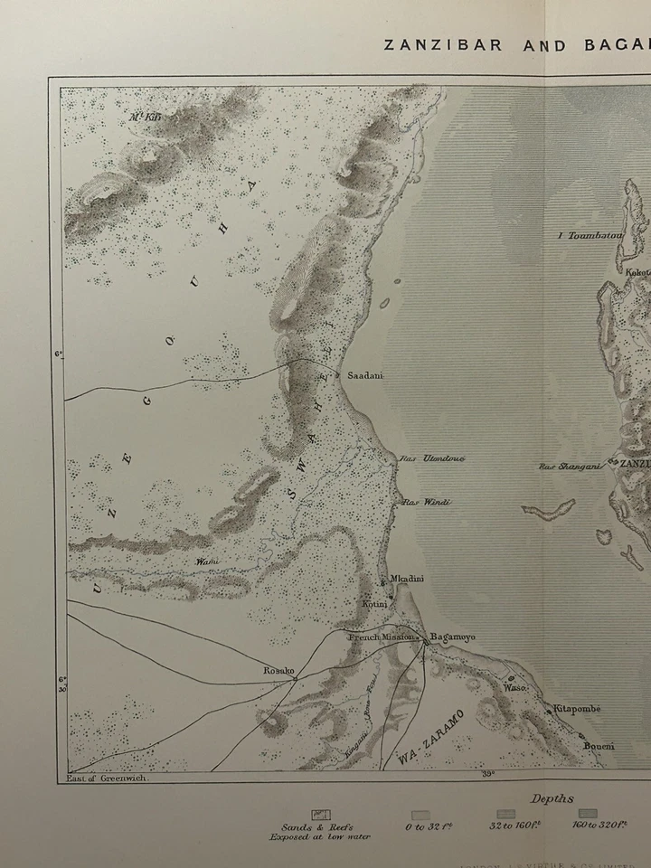 Mapa antiguo original de Zanzíbar Bagamoyo Tanzania 1888 Foto 2 de 3