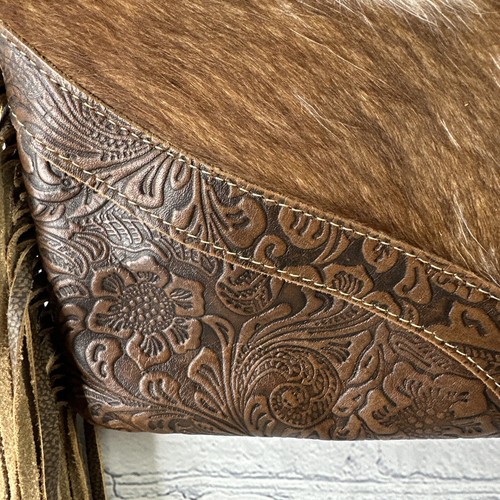 Myra Bag Leather ,Floral Canvas & Cowhide Whipstitch Fringe Crossbody W/ Wallet - Picture 3 of 14